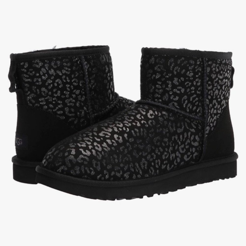 Black UGG Women's Classic Mini Snow Leopard Ankle Boot